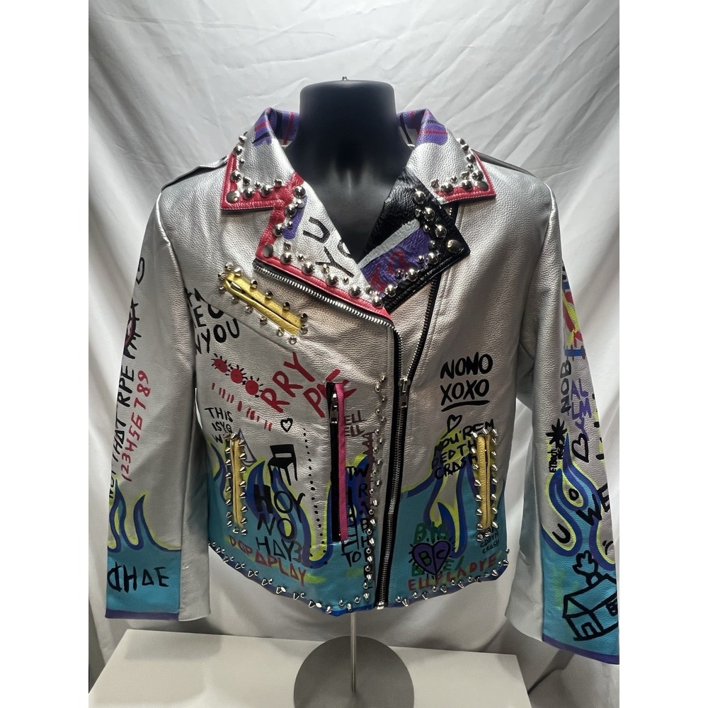 HONEY POT SX FAUX LEATHER SILVER JACKET -WOMENS SIZE 3XL -GRAFFITI - STUDS - NWT